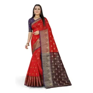 Women's Jacquard Woven Saree with Blouse – Red