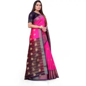 Women's Silk Blend Woven Saree with Blouse – Pink