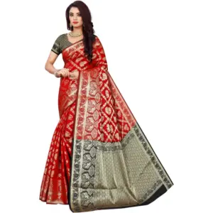 Women's Jacquard Woven Saree with Blouse – Red