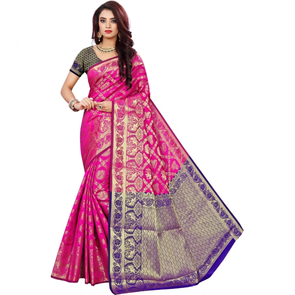 Women's Jacquard Woven Saree with Blouse – Pink