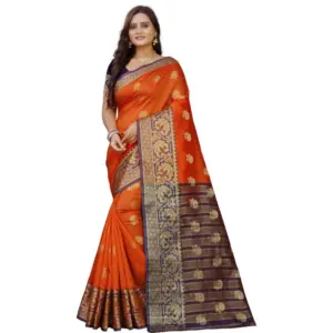 Women's Silk Blend Woven Saree with Blouse – Gold-Orange