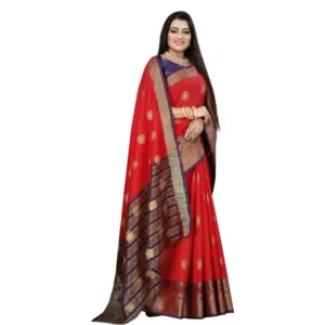 Women's Silk Blend Woven Saree with Blouse – Red-Blue
