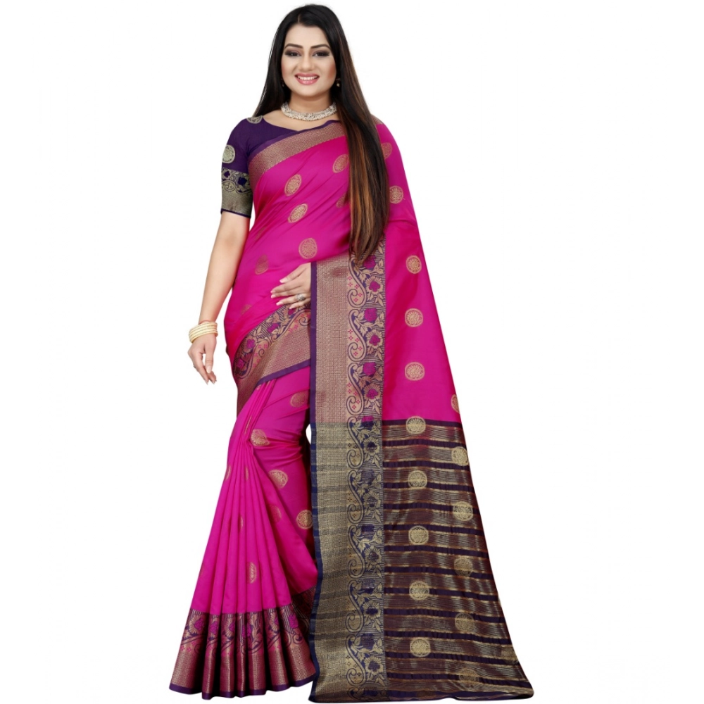 Women's Silk Blend Woven Saree with Blouse – Blue-Pink