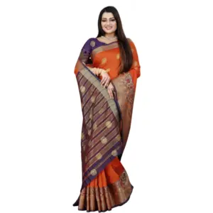 Women's Silk Blend Woven Saree with Blouse – Blue-Orange
