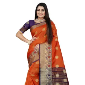 Women's Silk Blend Woven Saree with Blouse – Blue-Orange