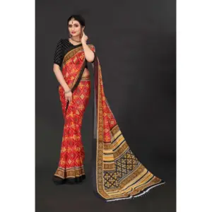 Women's Georgette Floral Print Saree with Blouse – Red