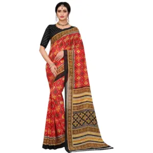 Women's Georgette Floral Print Saree with Blouse – Red