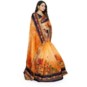 Women's Georgette Floral Print Saree with Blouse – Blue-Orange
