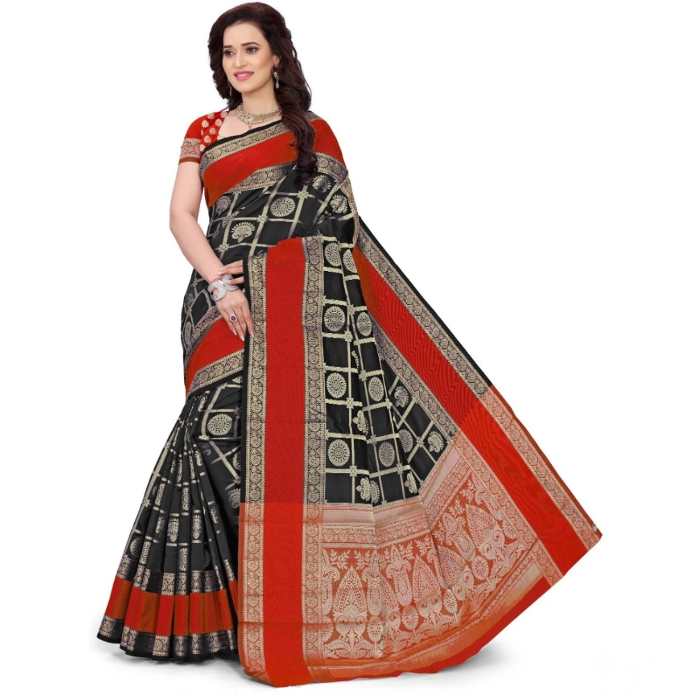 Women's Jacquard Woven Saree with Blouse – Red-Black