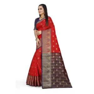 Women's Jacquard Woven Saree with Blouse – Red