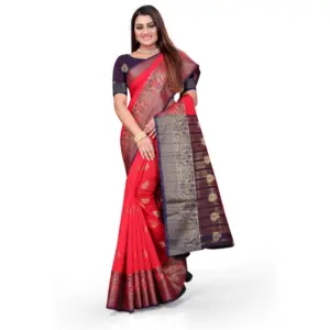 Women's Silk Blend Woven Saree with Blouse – Red
