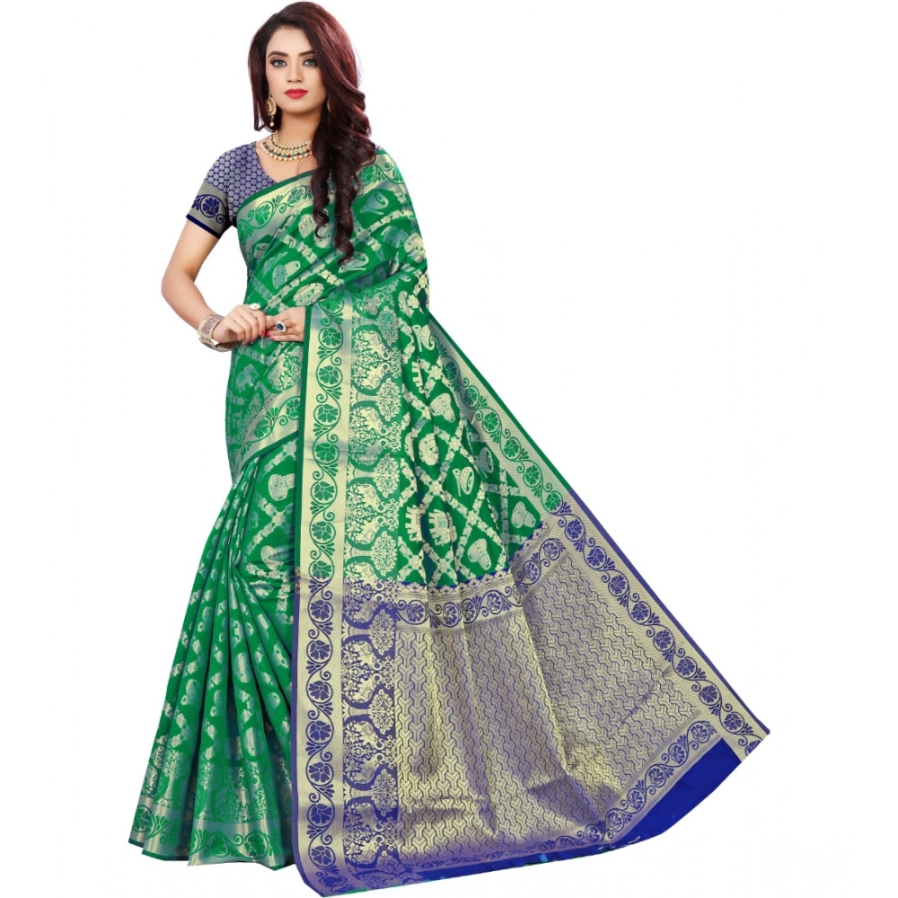 Women's Jacquard Woven Saree with Blouse – Green