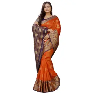 Women's Silk Blend Woven Saree with Blouse – Gold-Orange