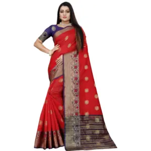 Women's Silk Blend Woven Saree with Blouse – Red-Blue