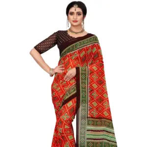 Women's Georgette Floral Print Saree with Blouse – Red