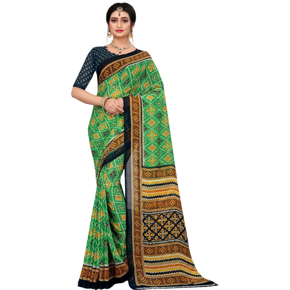 Women's Georgette Floral Print Saree with Blouse – Light Green