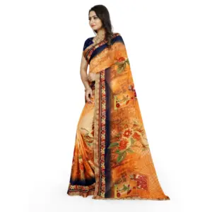 Women's Georgette Floral Print Saree with Blouse – Blue-Orange