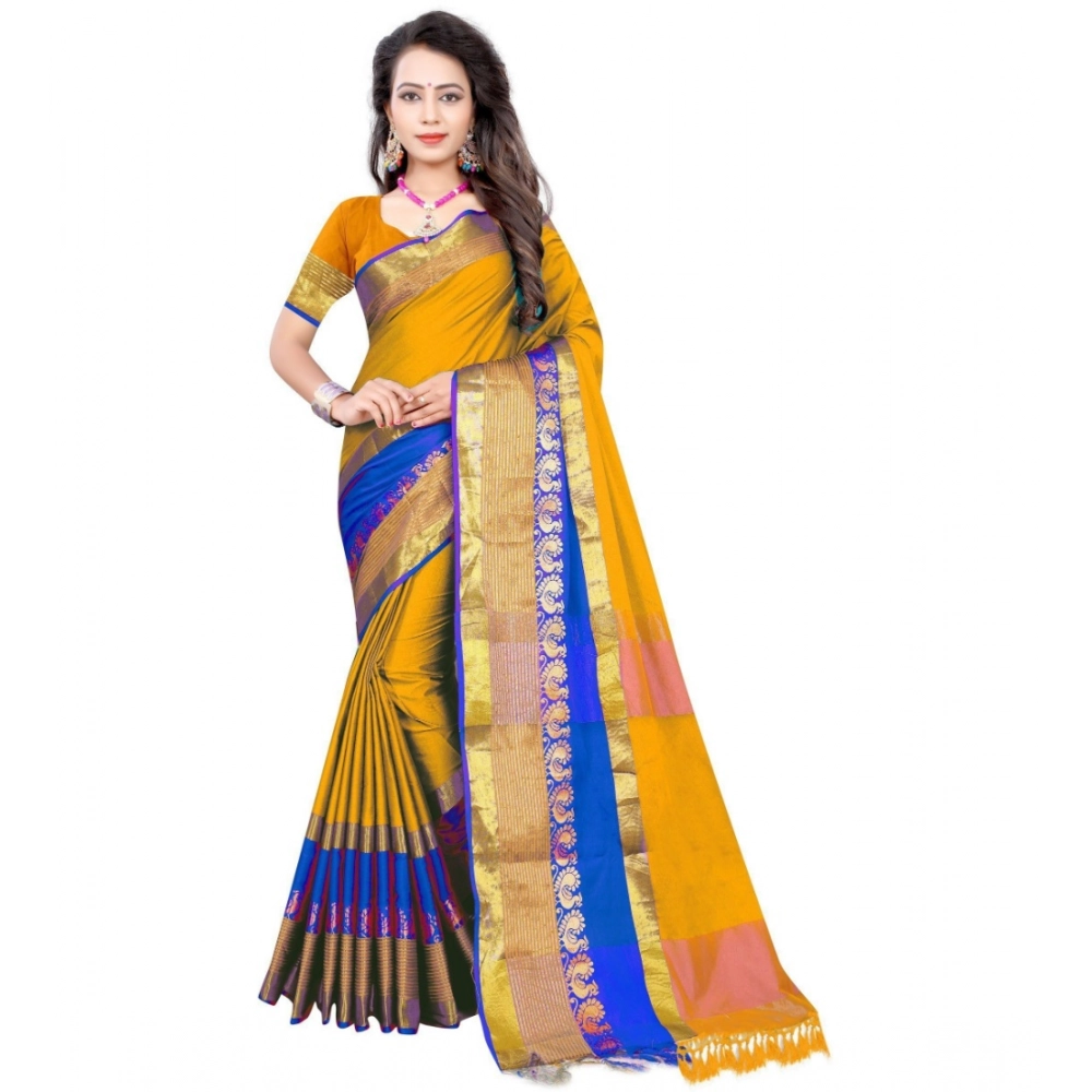 Women's Jacquard Woven Saree with Blouse – Yellow