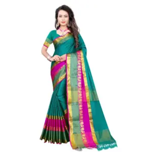 Women's Jacquard Woven Saree with Blouse – Dark Green