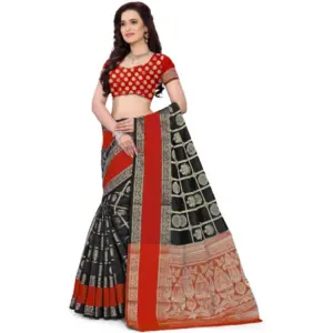 Women's Jacquard Woven Saree with Blouse – Red-Black