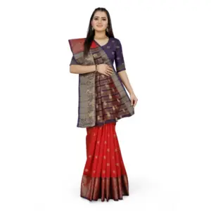 Women's Jacquard Woven Saree with Blouse – Red