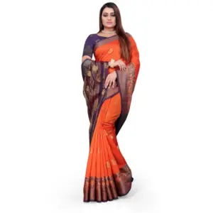 Women's Silk Blend Woven Saree with Blouse – Orange