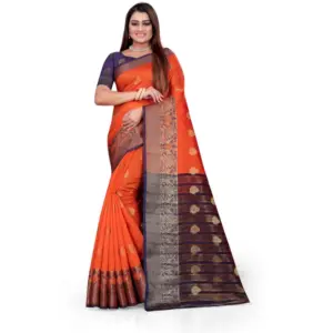 Women's Silk Blend Woven Saree with Blouse – Orange
