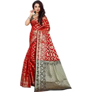 Women's Jacquard Woven Saree with Blouse – Red