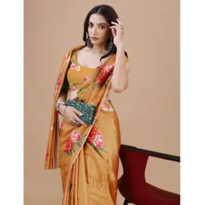 Women's Crepe Digital Print Saree with Blouse – Mustard