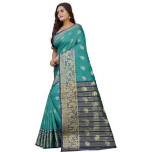 Women's Silk Blend Woven Saree with Blouse – Dark Blue-Green