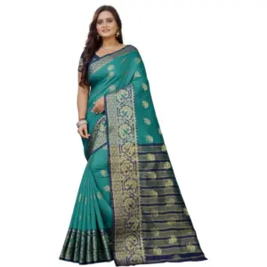 Women's Silk Blend Woven Saree with Blouse – Dark Blue-Green