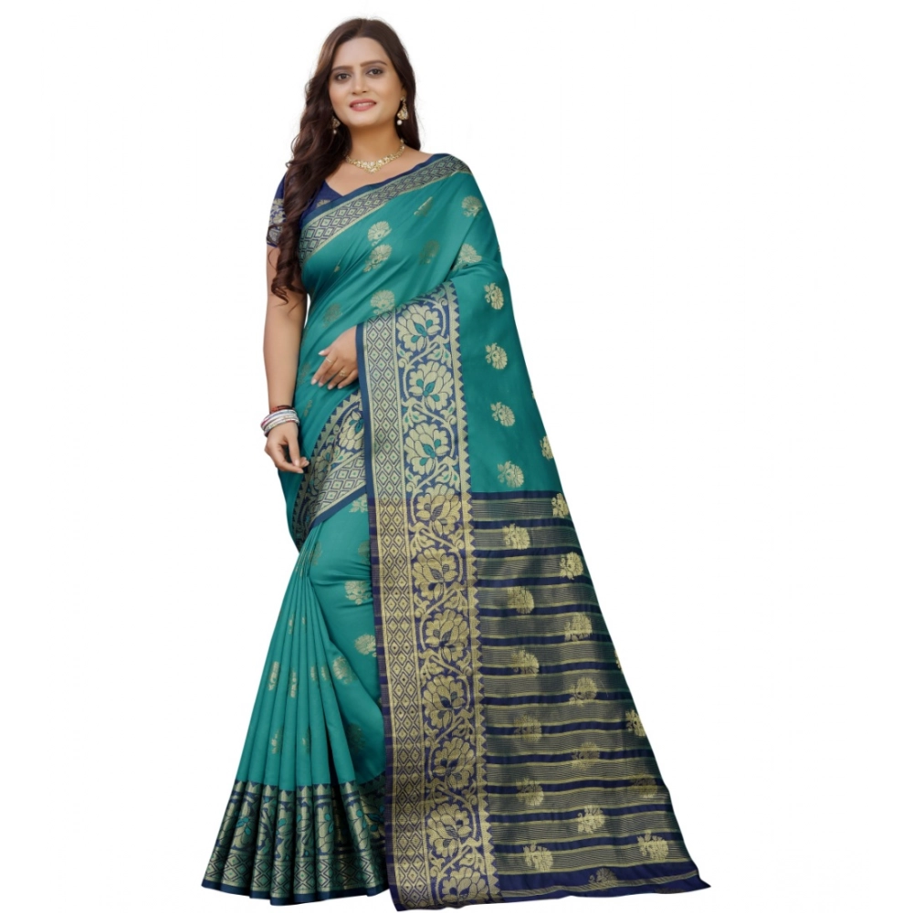Women's Silk Blend Woven Saree with Blouse – Dark Blue-Green