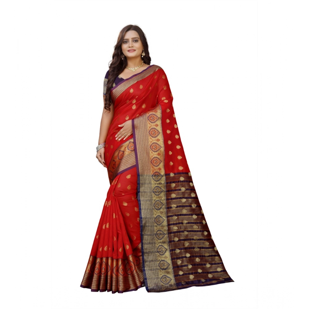 Women's Silk Blend Woven Saree with Blouse – Purple-Red