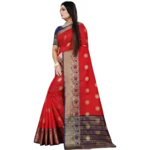 Women's Silk Blend Woven Saree with Blouse – Red-Blue
