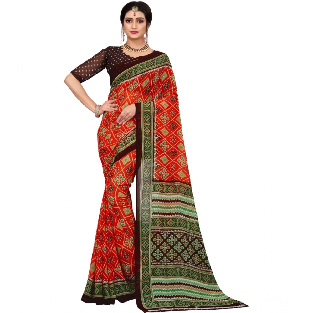 Women's Georgette Floral Print Saree with Blouse – Orange