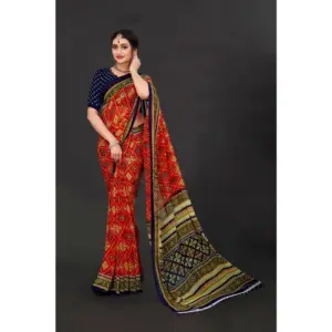 Women's Georgette Floral Print Saree with Blouse – Multicolor