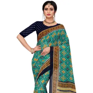 Women's Georgette Floral Print Saree with Blouse – Dark Green