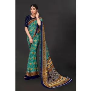 Women's Georgette Floral Print Saree with Blouse – Dark Green