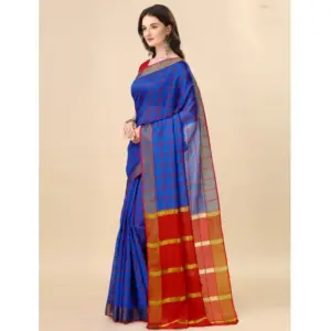 Women's Cotton Silk Checkered Saree with Blouse – Blue