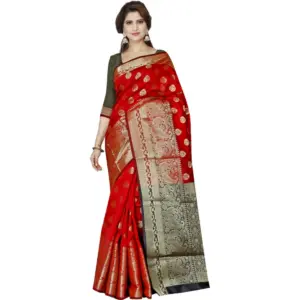Women's Jacquard Woven Saree with Blouse – Red