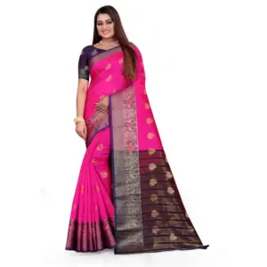 Women's Silk Blend Woven Saree with Blouse – Pink