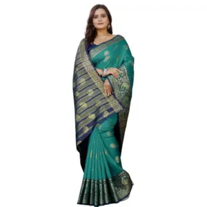 Women's Silk Blend Woven Saree with Blouse – Dark Blue-Green