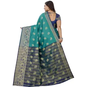 Women's Silk Blend Woven Saree with Blouse – Dark Blue-Green