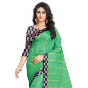 Women's Cotton Silk Checkered Saree with Blouse – Green