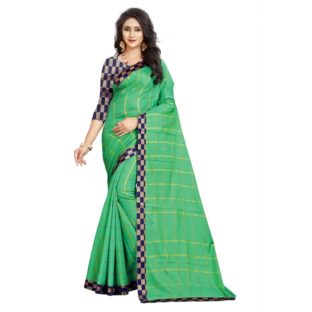 Women's Cotton Silk Checkered Saree with Blouse – Green