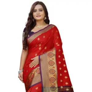 Women's Silk Blend Woven Saree with Blouse – Purple-Red