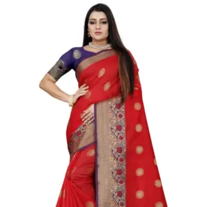 Women's Silk Blend Woven Saree with Blouse – Red-Blue