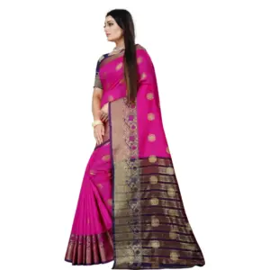 Women's Silk Blend Woven Saree with Blouse – Blue-Pink