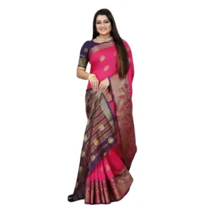 Women's Silk Blend Woven Saree with Blouse – Blue-Pink