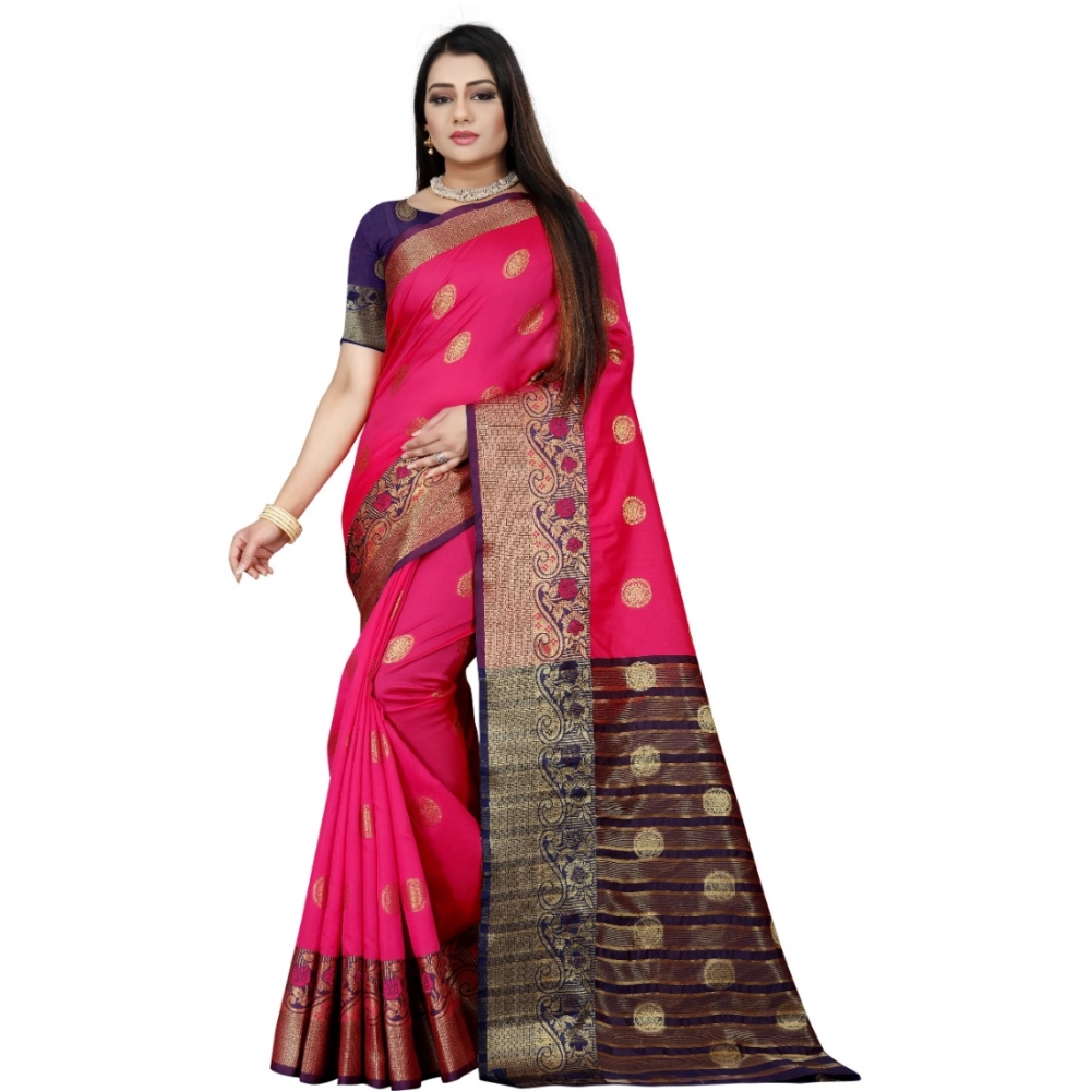 Women's Silk Blend Woven Saree with Blouse – Blue-Pink